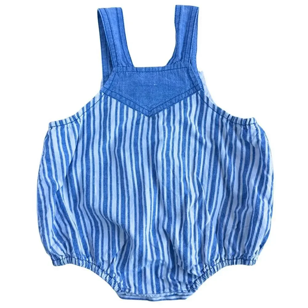 Vintage Baby Train Romper Blue Railroad Stripe Overalls 6-9M